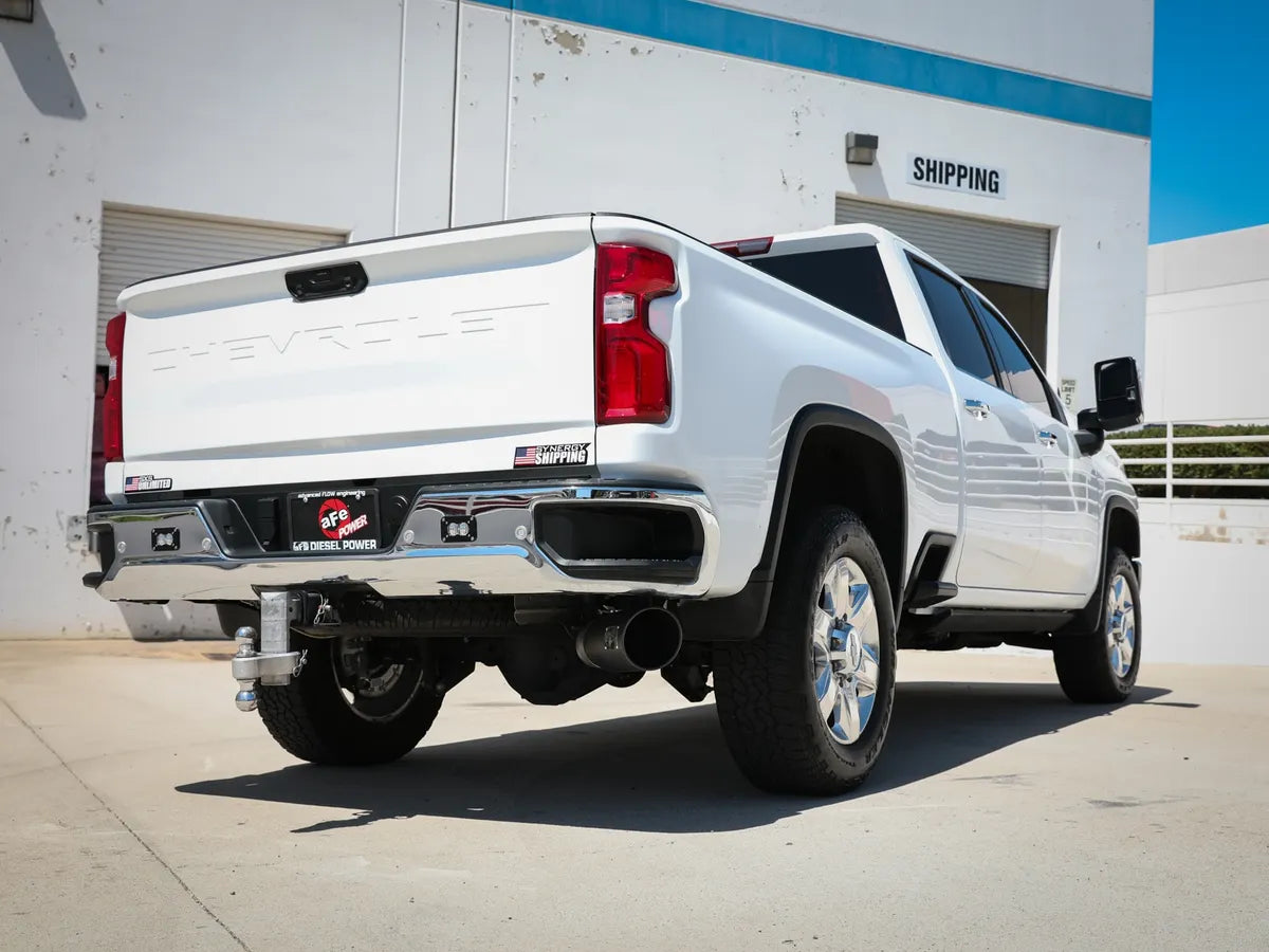 AFE POWER Large Bore-HD 5 IN 409 Stainless Steel DPF-Back Exhaust System Black/Polished Tip suits Chevrolet Silverado / GMC Sierra 2500/3500 2020-2023