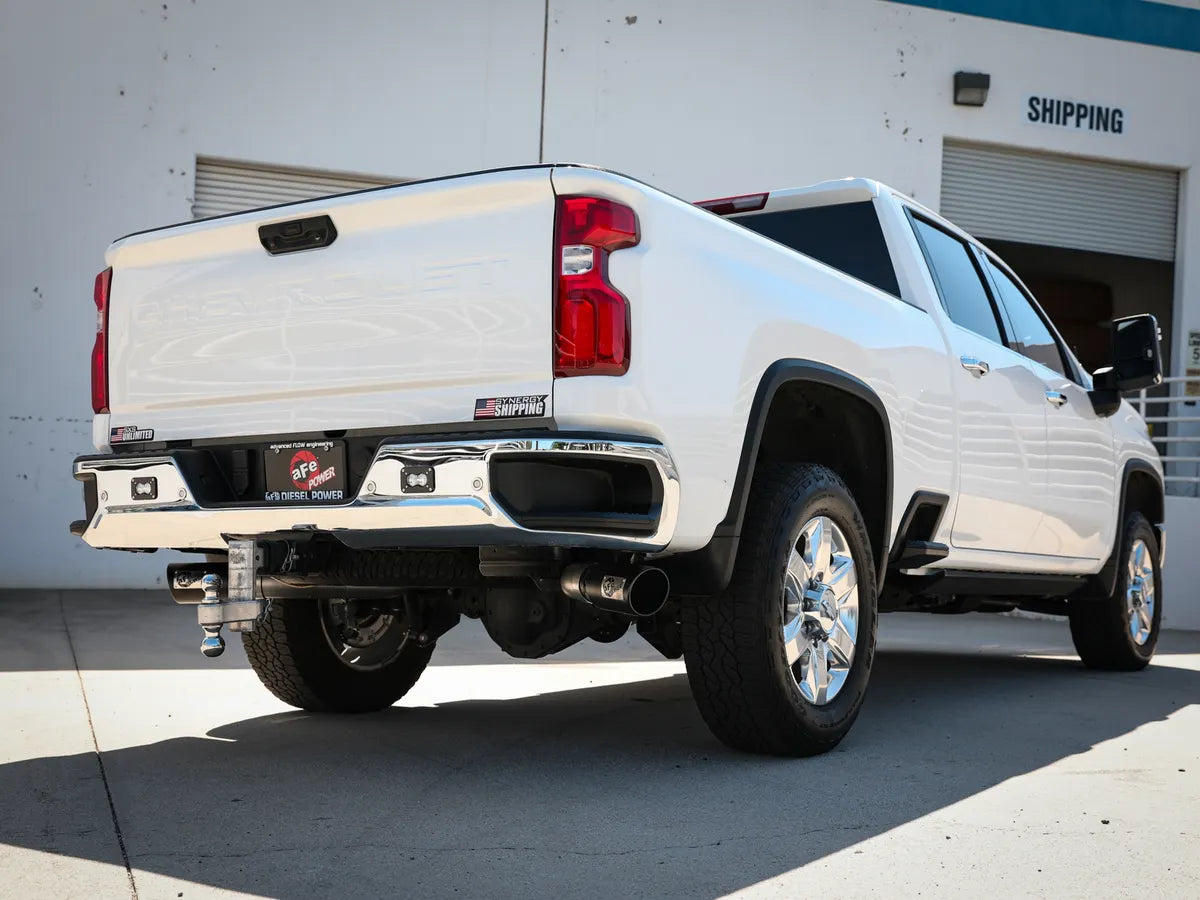 AFE POWER Large Bore-HD 4 IN 409 Stainless Steel DPF-Back Exhaust System Polished/Black Tip suits Chevrolet Silverado / GMC Sierra 2500/3500 2020-2023