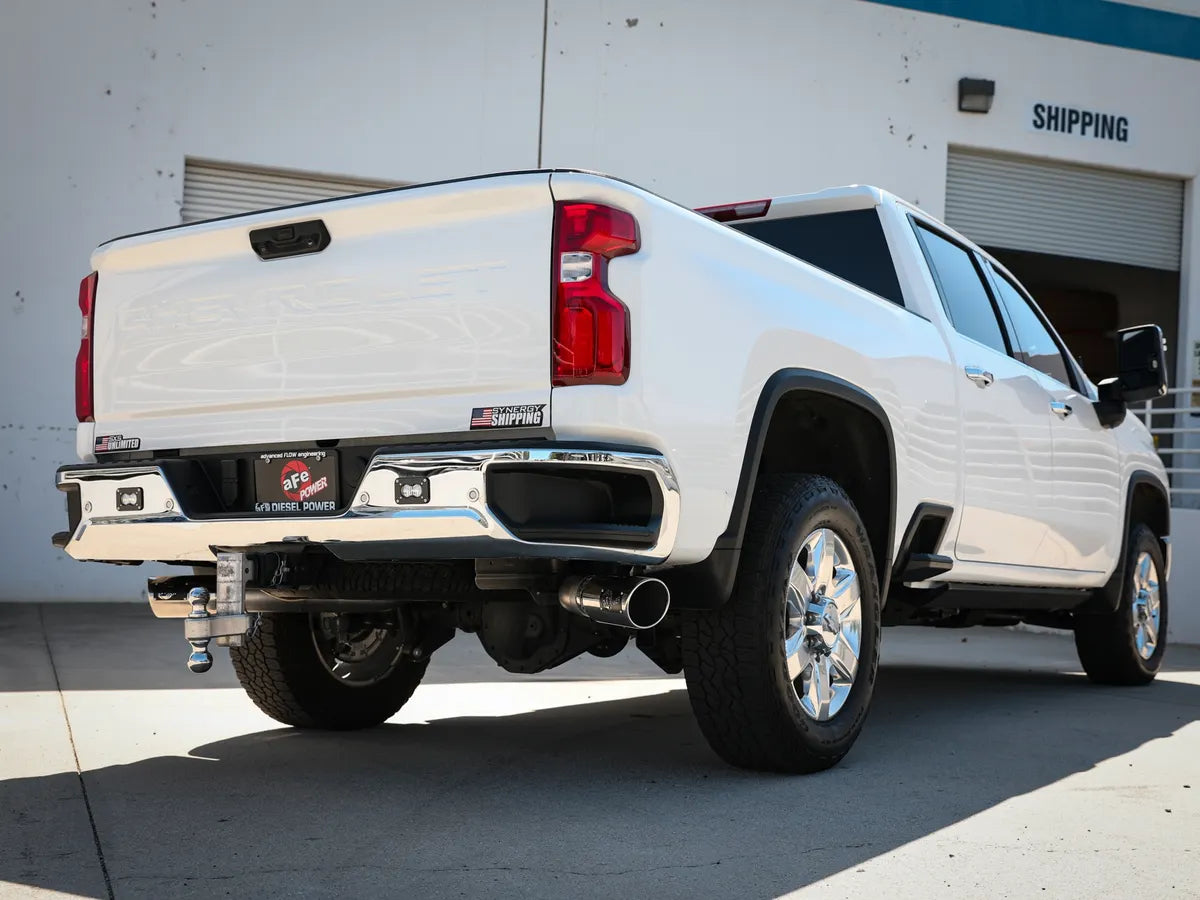 AFE POWER Large Bore-HD 4 IN 409 Stainless Steel DPF-Back Exhaust System Polished/Black Tip suits Chevrolet Silverado / GMC Sierra 2500/3500 2020-2023