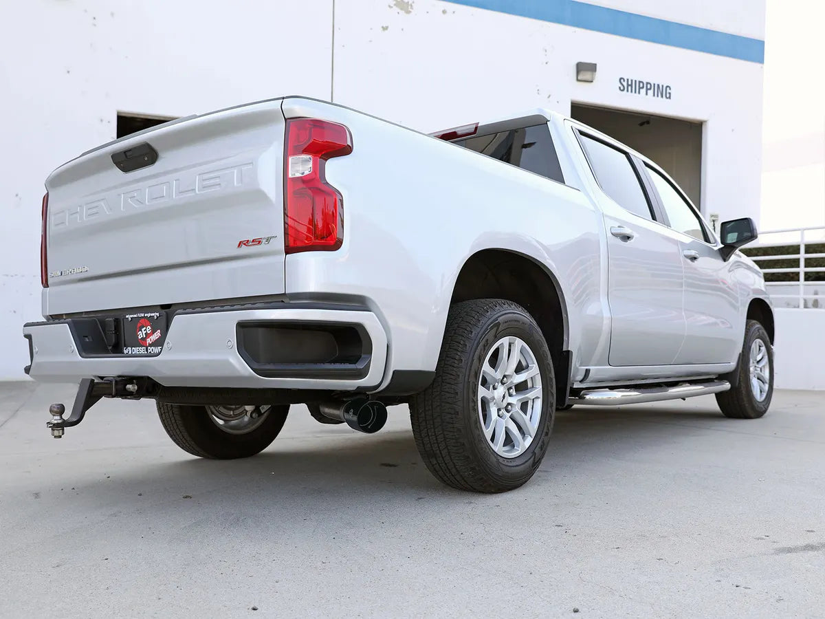 AFE POWER Large Bore-HD 3 IN 409 Stainless Steel DPF-Back Exhaust System w/ Black / Polished Tip suits GMC Sierra / Chevrolet Silverado 1500 2023-2024