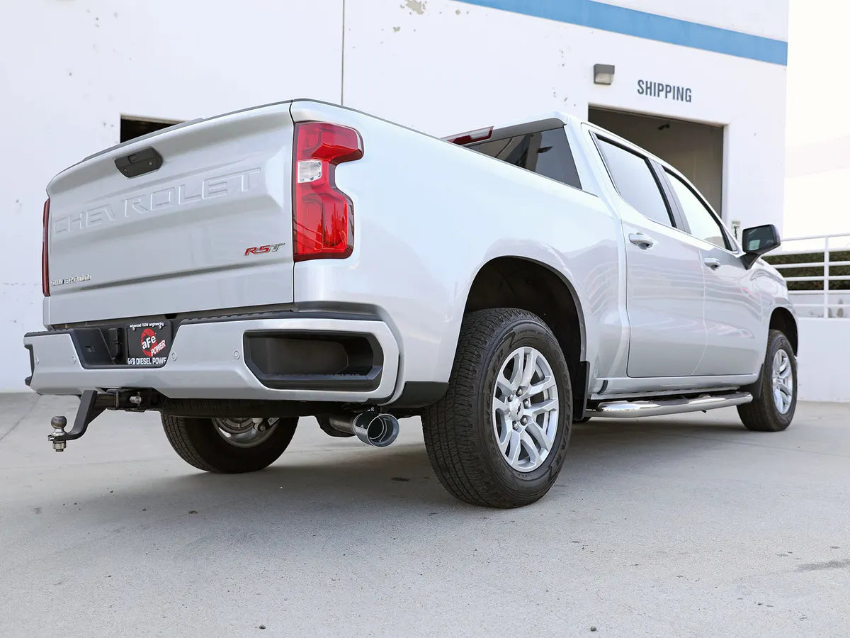 AFE POWER Large Bore-HD 3 IN 409 Stainless Steel DPF-Back Exhaust System w/ Black / Polished Tip suits GMC Sierra / Chevrolet Silverado 1500 2023-2024