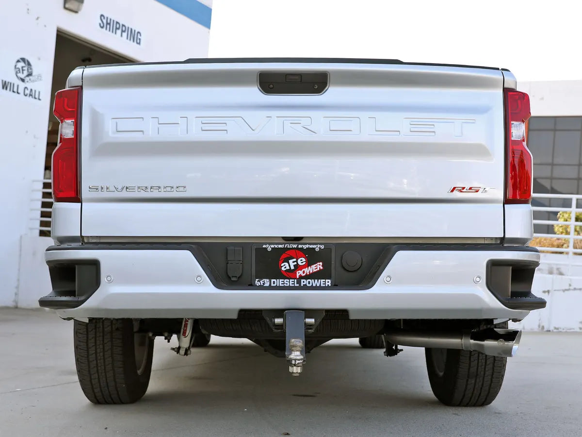 AFE POWER Large Bore-HD 3 IN 409 Stainless Steel DPF-Back Exhaust System w/ Black / Polished Tip suits GMC Sierra / Chevrolet Silverado 1500 2023-2024