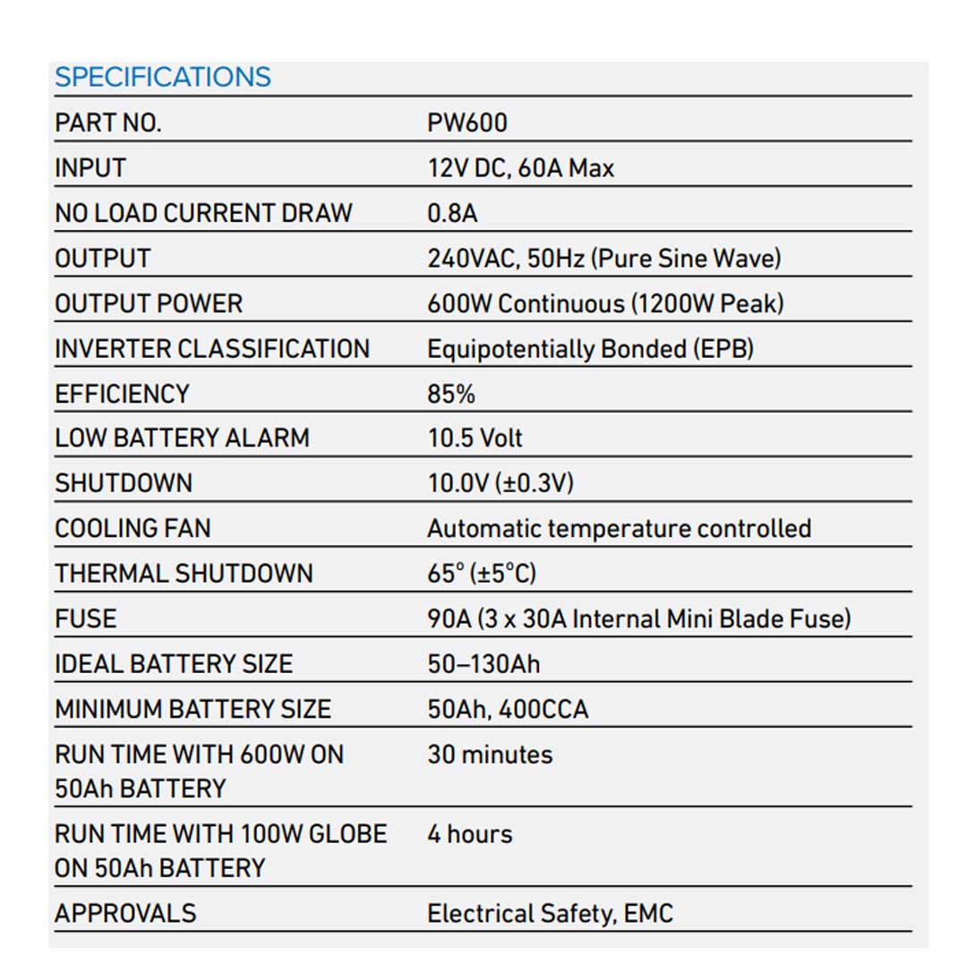 PROJECTA 12V 600W Pro-Wave Pure Sine Wave Inverter