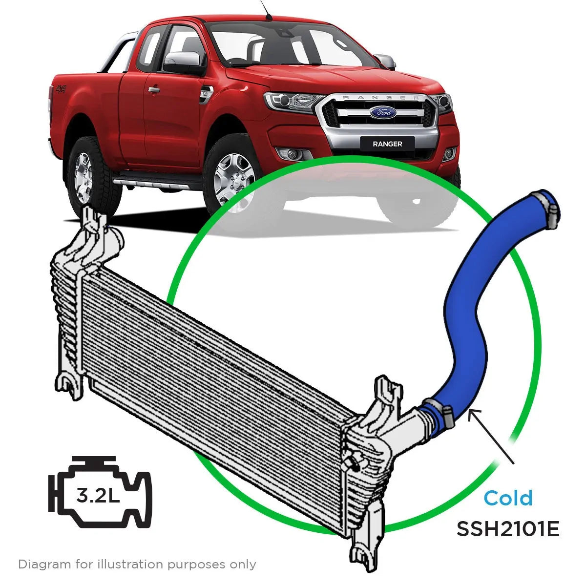 SAAS Silicone Blue Intercooler Pipe Cold Side to suit Ford Ranger/Mazda BT50 3.2L 2011 - 2022