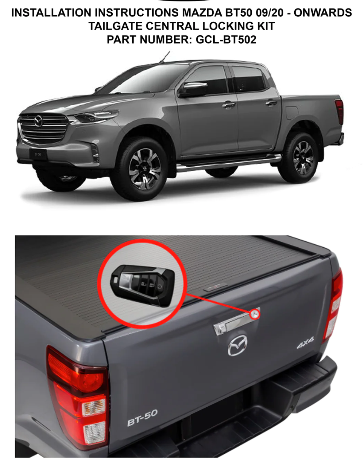 GRUNT 4X4 Tailgate Central Locking Kit to suit Mazda BT-50 9/2020-Onward
