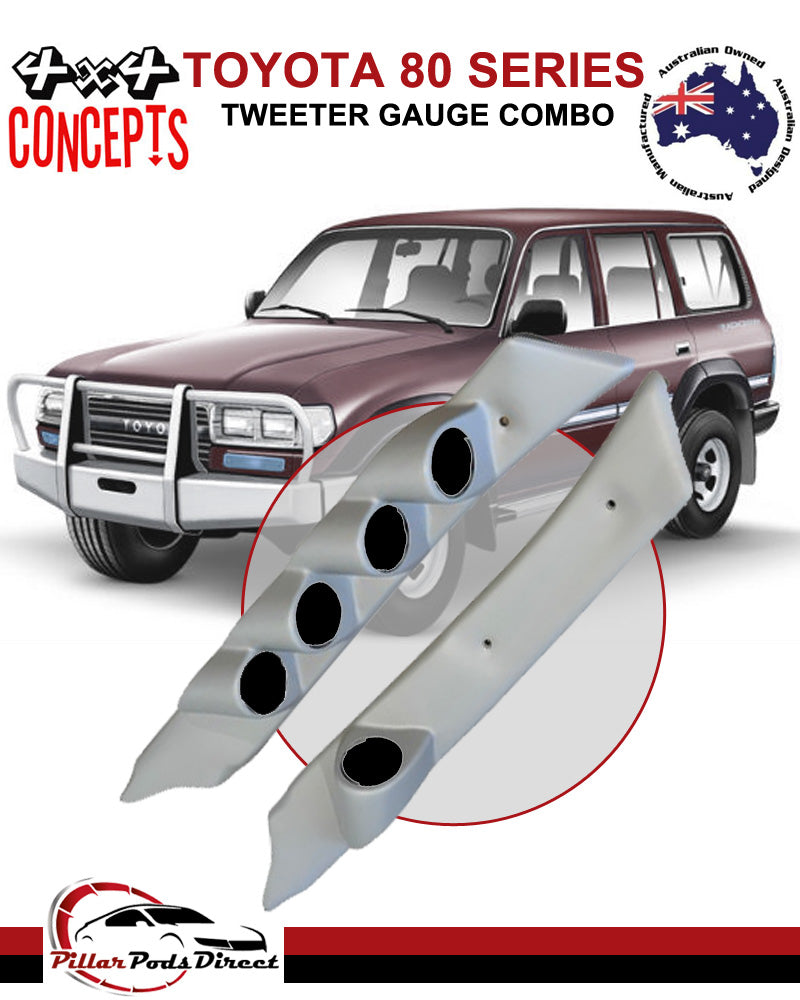 80 SERIES LANDCRUISER PAIR SINGLE/4 GAUGE PILLAR POD TWEETER GAUGE COMBO MOUNT PAINTED FACTORY GREY