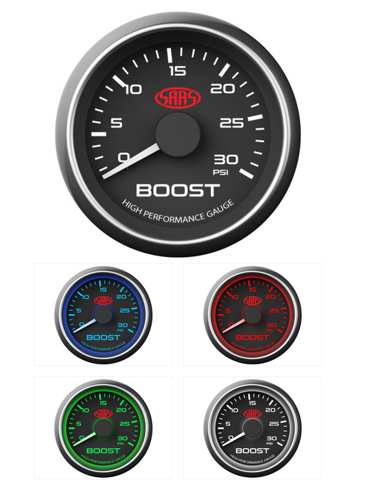SAAS TURBO BOOST GAUGE 52MM 2" 30PSI BLACK FACE