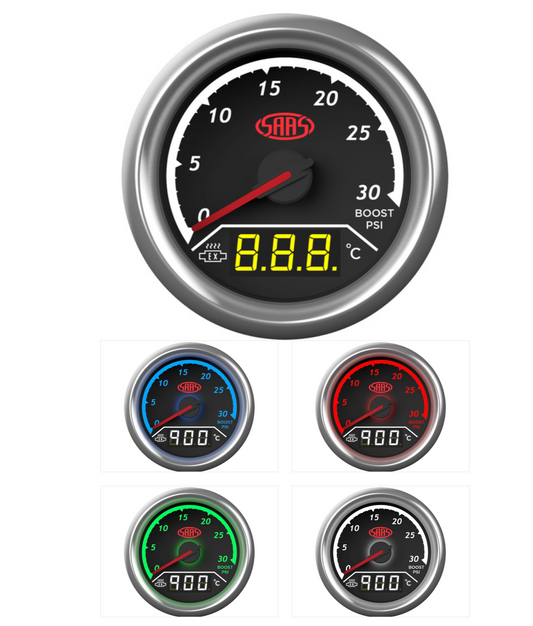 SAAS DUAL GAUGE BOOST 0-30 PSI/EXHAUST TEMP 0°-900° ANALOGUE/DIGITAL TRAX SERIES