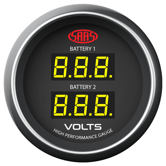 SAAS Dual Volt Digital Gauge 8v-18v 52mm Black Muscle Series (SG-DDVLT52B)