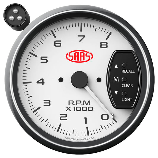 SAAS Tachometer 0-8K Shiftlite 3-3/4 White Muscle Series (SG-TAC334W)