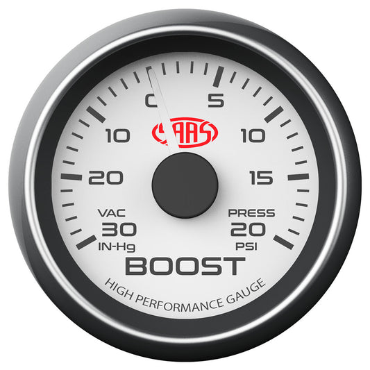 SAAS Boost Gauge 30inHg-20psi 52mm White Muscle Series (SG-TB52W)