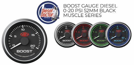 SAAS TURBO BOOST GAUGE 52MM 2" 20PSI BLACK FACE