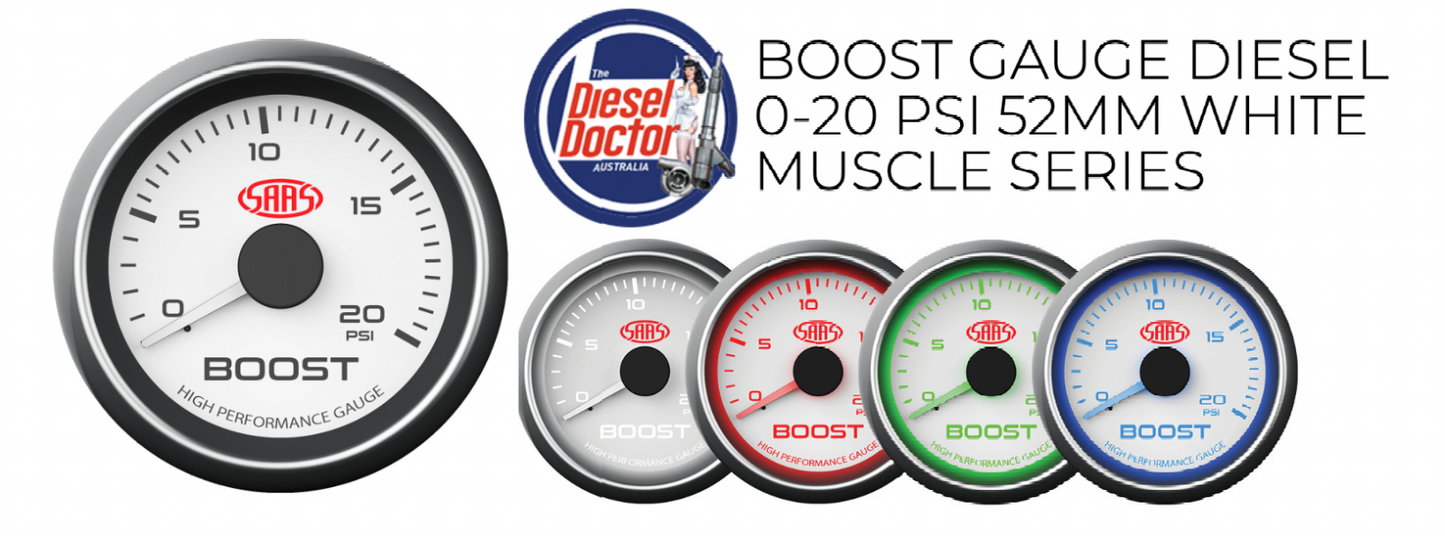 SAAS TURBO BOOST GAUGE 52MM 2" 20PSI WHITE FACE