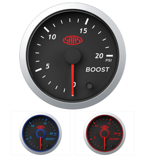 SAAS TURBO BOOST GAUGE 52MM 2" 0-20PSI BLACK FACE-- STREETLINE