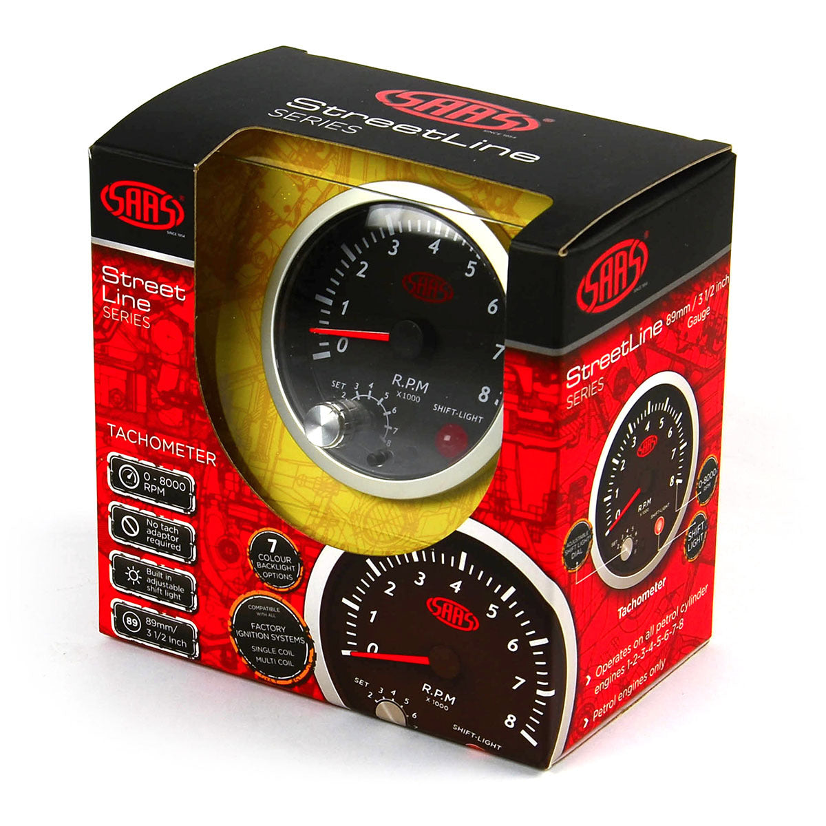 SAAS Tachometer Petrol 0-8K Shiftlight 3 1/2" 89mm Black Street Series (SG21261)