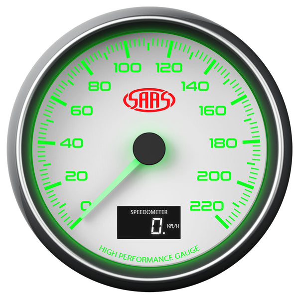 SAAS Speedometer 0220 KPH 3 1/2" 89mm In Dash White Muscle Series (SG