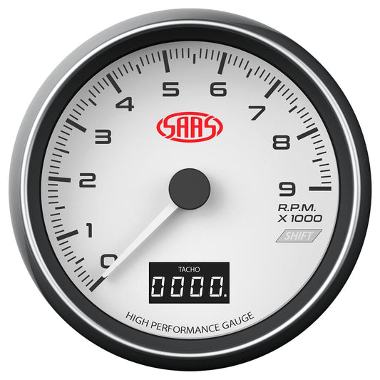 SAAS Tachometer 0-9K Shiftlite 3 1/2" 89mm In Dash White Muscle Series (SG31641)