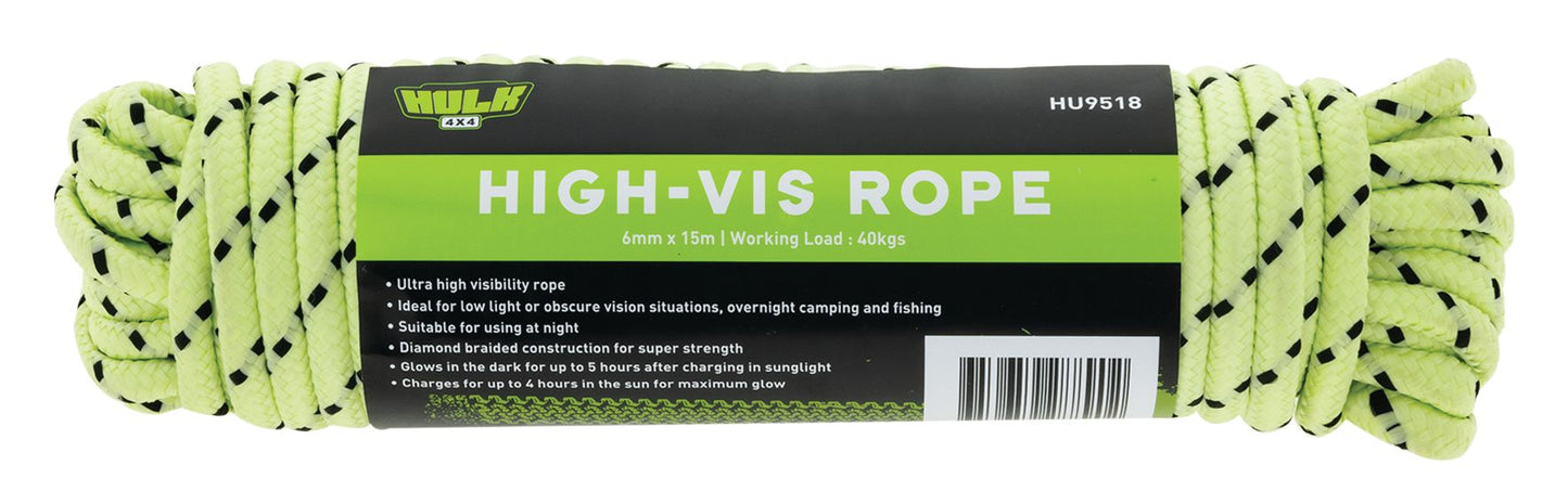 HULK 4X4 GLOW IN THE DARK ROPE (FLURO YELLOW) 6MM X 15M (HU9518)