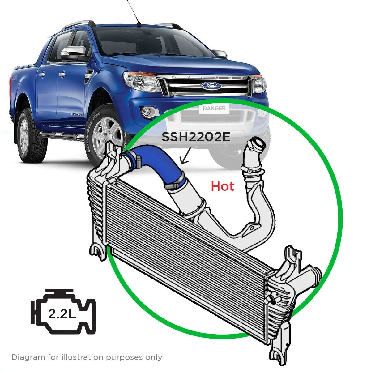 SAAS Silicone Blue Intercooler Top Pipe Hot Side to suit Ford Ranger 2.2L 118kW 2015 - 2022