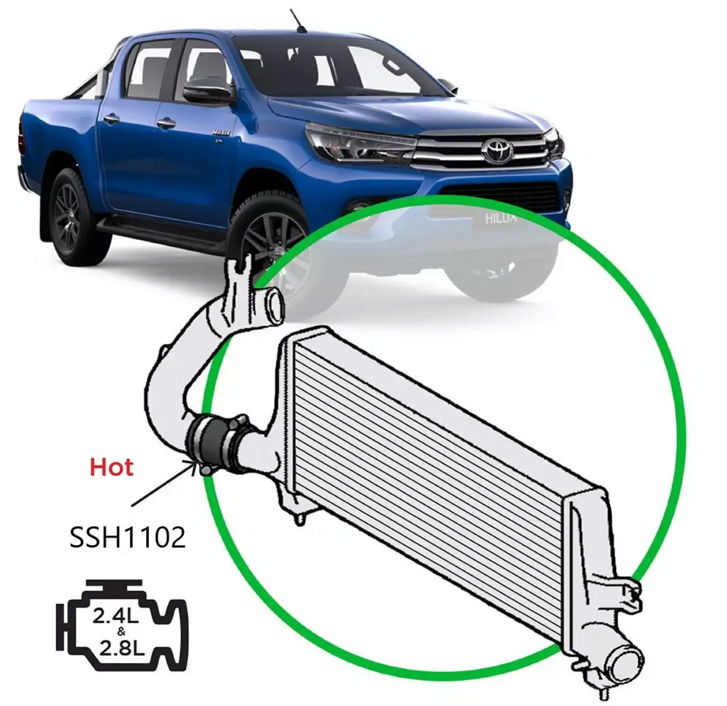 SAAS Silicone Intercooler Pipe Hot Side Bottom 2015 > to suit Toyota Hilux 2.4L 2.8L 1GD 2GD