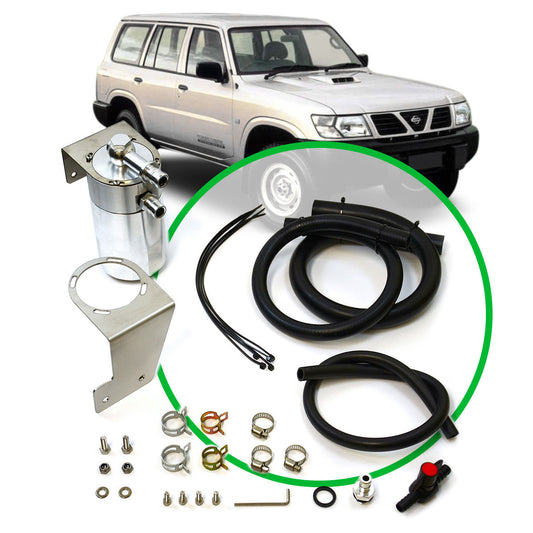 SAAS DIESEL OIL CATCH CAN WITH FULL INSTALL KIT FOR PATROL GU 4.2L 1997 - 2006 POLISHED