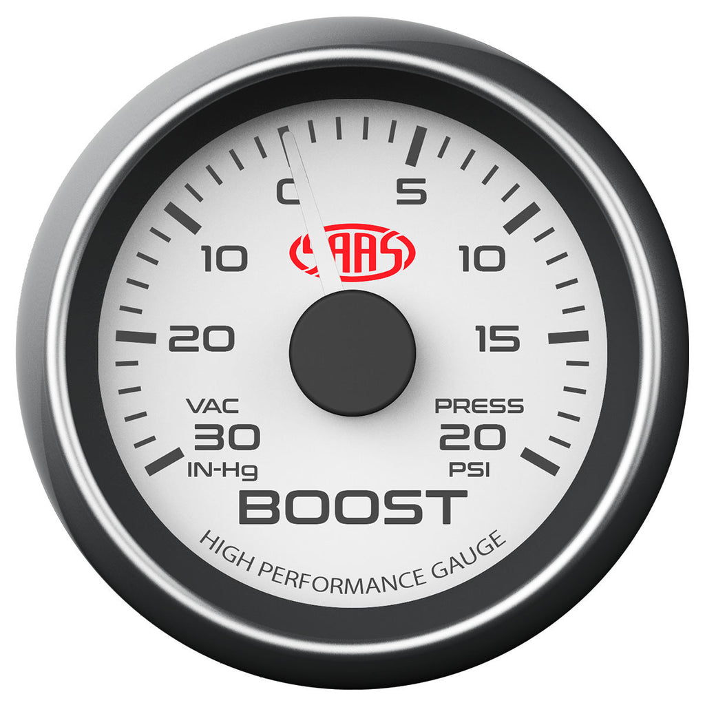 SAAS Boost Gauge 30inHg20psi 52mm White Muscle Series (SGTB52W) THE