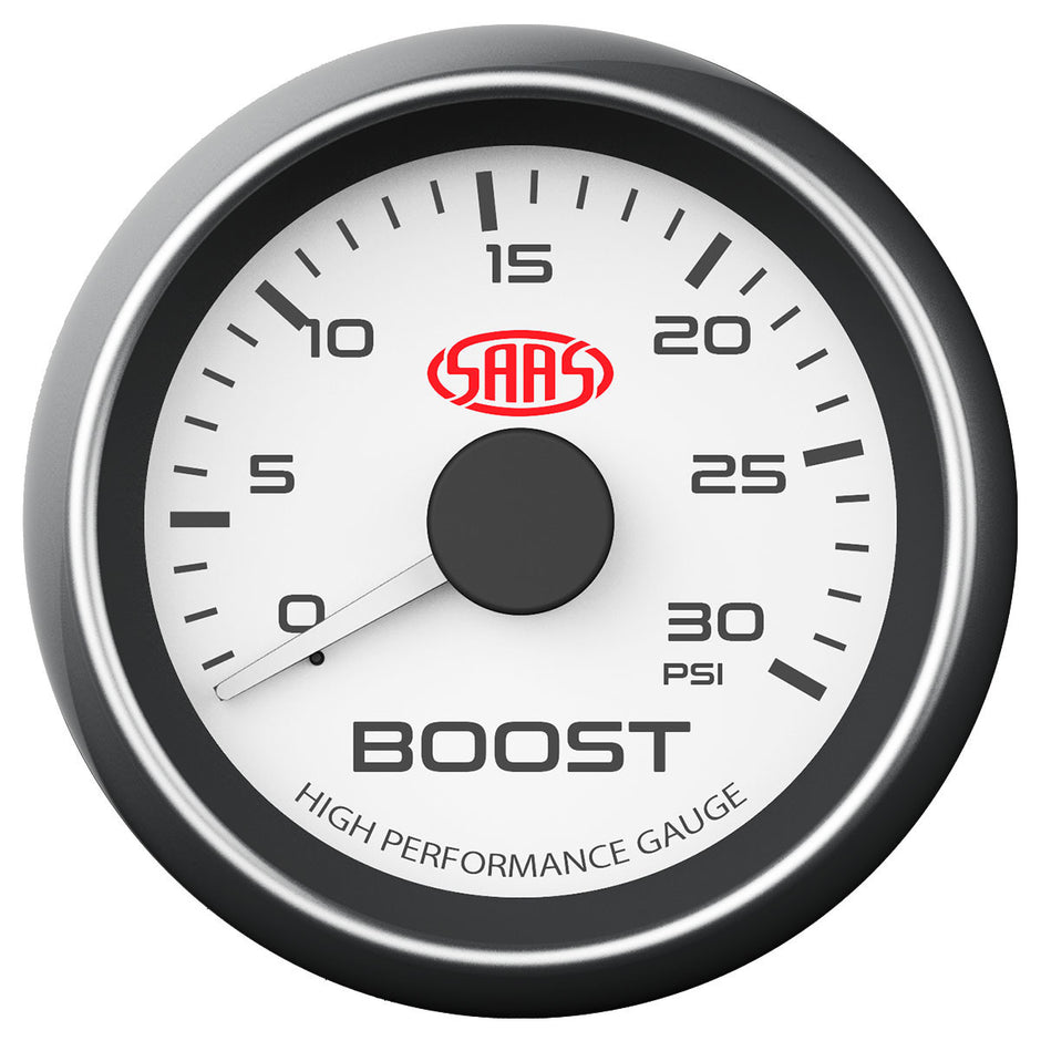 SAAS Muscle 2 Turbo Boost Gauge – 0-30 PSI, 52mm Black Dial, Silver Bezel