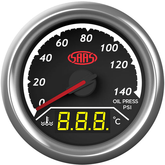 SAAS Dual Gauge Oil Pressure 140 Psi/Water Temp 40°-120° Analogue/Digital Trax Series (SG613020)
